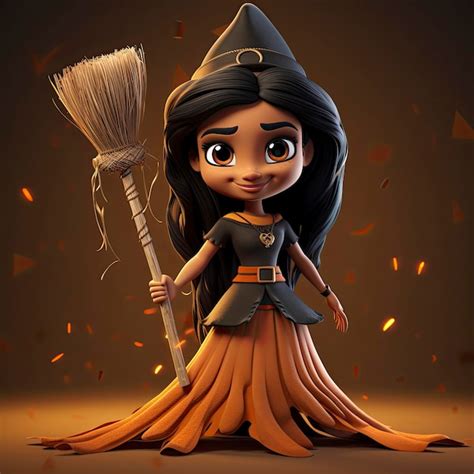 Premium Ai Image 3d Cute Halloween Witch Holding A Broom