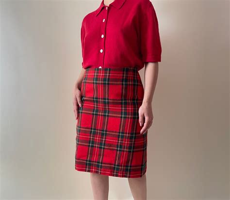 Vintage Wool Red Plaid Pencil Skirt Form Fitted Midi Office Etsy