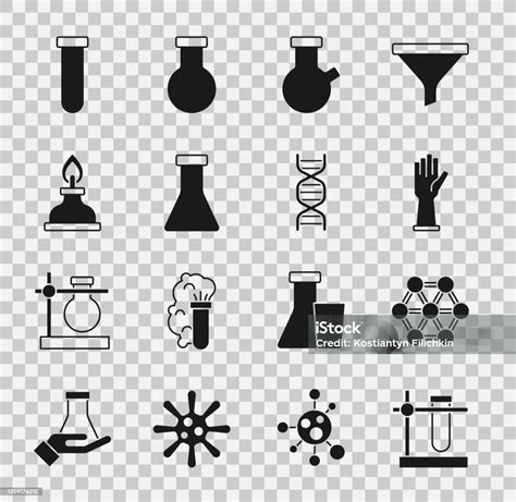 스탠드 분자 의료 고무 장갑 알코올 또는 정신 버너 및 Dna 기호 아이콘에 테스트 튜브 플라스크를 설정합니다 벡터 Dna에