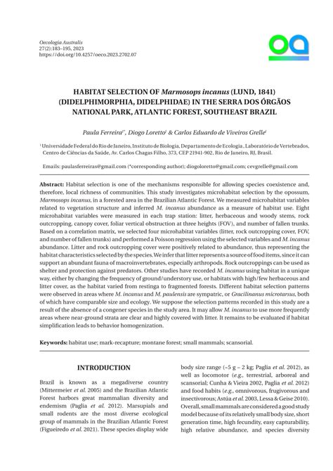 PDF HABITAT SELECTION OF Marmosops Incanus LUND 1841