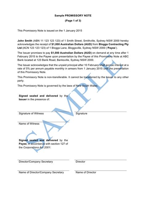 Promissory Note Free Template Sample Lawpath