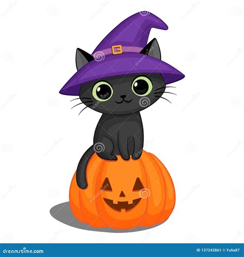 Schwarze Katze in Einem Hexenhut Auf Einem Halloween Kürbis Vektor