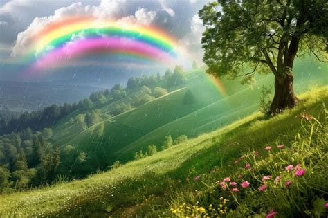 Premium Photo Vibrant Rainbow Arching Over A Soft Rainfall In A Lush