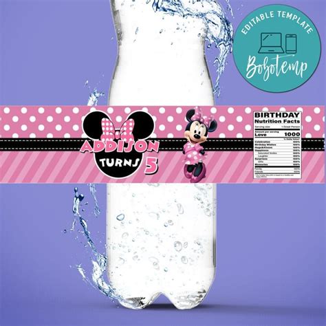 Pink Minnie Mouse Birthday Water Bottle Label Template Diy