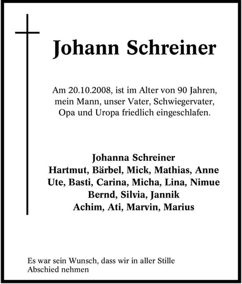 Traueranzeigen Von Johann Schreiner Trauer In NRW De