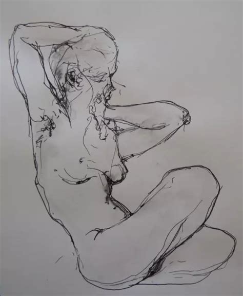 Original Pen Ink Wash Life Drawing Of A Female Nude Model In A