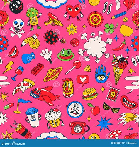 Cartoon Vector Funny Cute Comic Characters Seamless Pattern Stock