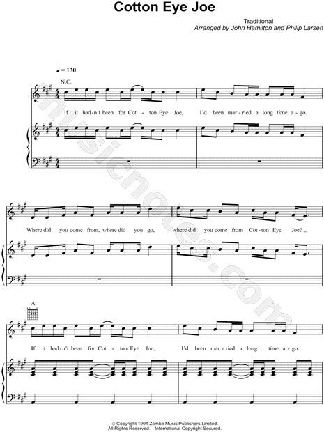 Rednex Cotton Eye Joe Sheet Music In A Major Transposable