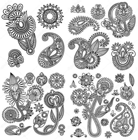 Black Line Art Ornate Flower Design Collection Ukrainian Ethnic Stock Vector Image By