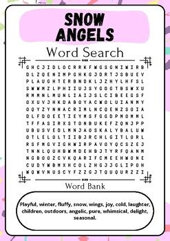 Snow Angels Word Search Puzzle Challenge Printable Activity Sheet