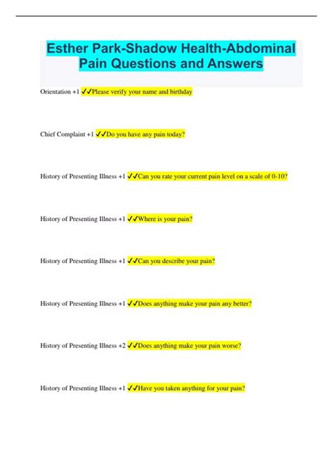 Esther Park Shadow Health Abdominal Pain Questions And Answers Esther