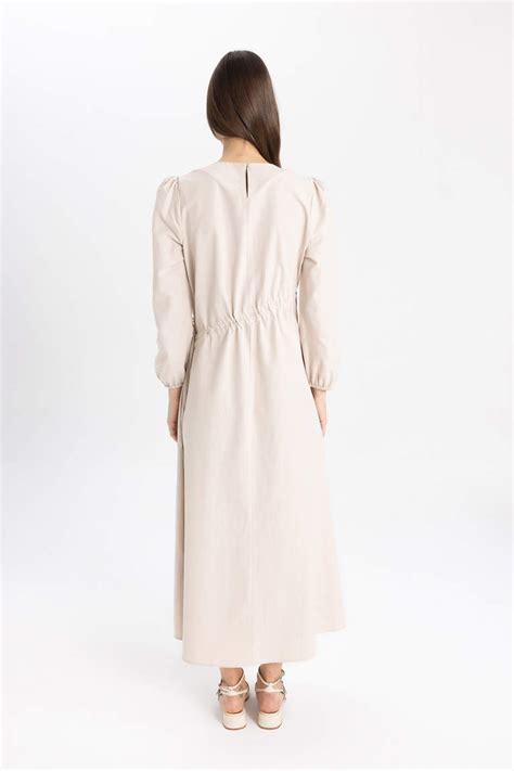 Beige Woman Regular Fit Crew Neck Poplin Dress Defacto