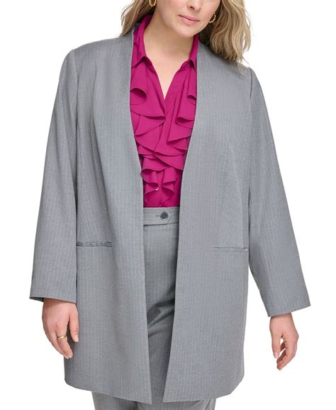 Calvin Klein Plus Size Collarless Open Front Pinstriped Blazer Macys