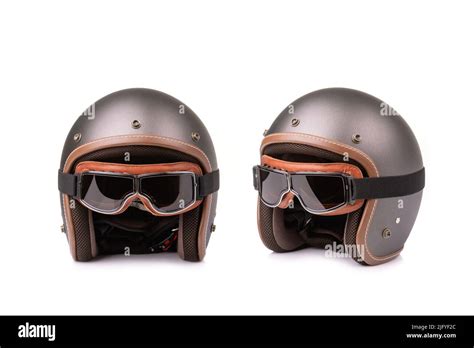 Close Up New Grey Vintage Helmet And Wind Goggle Studio Shot Isolated