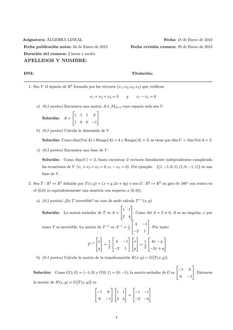 Exámen 18 Enero 2013 Preguntas Y Respuestas Asignatura Algebra