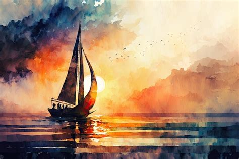 Premium Photo | Sailboat on ocean at sunset beautiful watercolor style