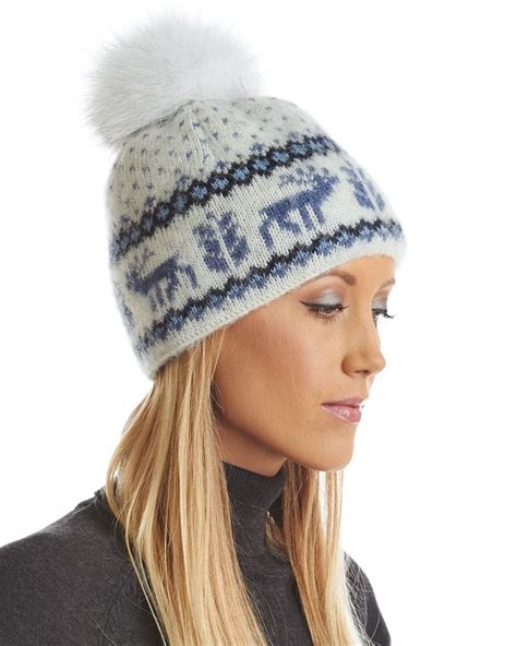 Icelandic Knit Wool Beanie Hat With Blue Fox Pom Pom Wool Beanie