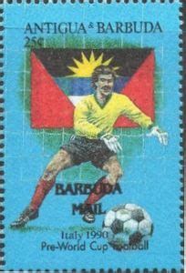 Stamp Goalkeeper Moving Towards Ball Overprinted Barbuda Fifa World