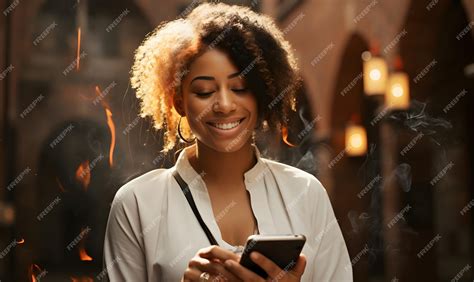 Premium Photo Happy Black Woman Using Her Smartphone