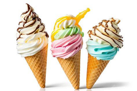 Three Flavors Of Soft Serve Ice Cream Or Frozen Yogurt In Wafer Cones