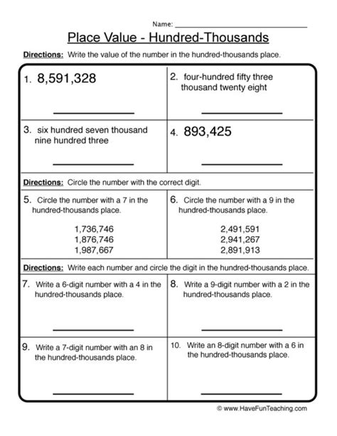 Hundred Thousands Place Value Worksheet Have Fun Teaching