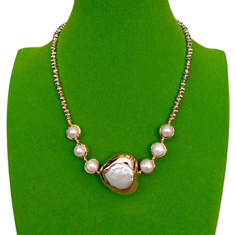 Cultured White Keshi Pearl Heart Shape Necklace Gold Plated Chain