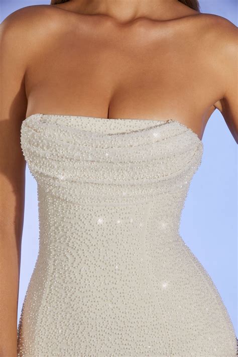 Verbier Embellished Bandeau Cowl Neck Midi Dress In Ivory Oh Polly