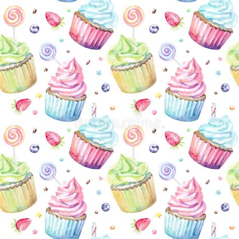 Watercolor Pattern With Cupcakes Stock Vector Illustration Of Green