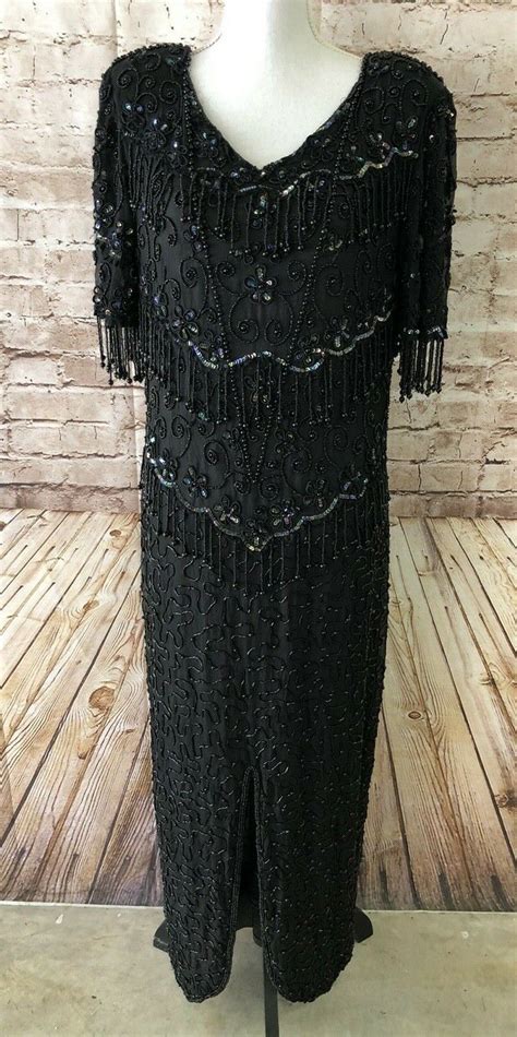 Vintage Sequin GATSBY Black Silk Heavily Beaded Fring Gem