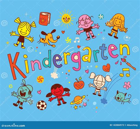 Kindergarten Unique Hand Lettering Illustration Banner Stock Vector