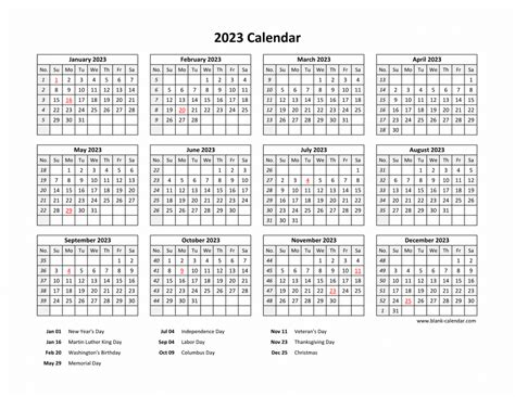 Free Download Printable Calendar 2023 with US Federal Holidays, one page, horizontal.