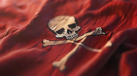 A tattered red pirate flag with a skull and crossbones design The flag ...