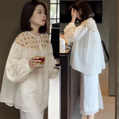 French High End Hollow White Lantern Sleeve Thin Shirt Temperament