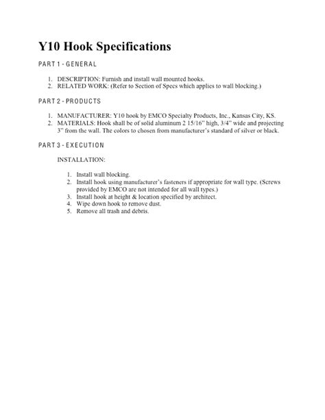 Hook Three Part Specifications | EMCO Specialty Products, Inc.