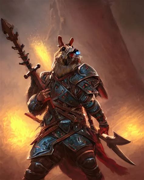 Huge Guinea Pig Warrior In Armor Holding A Two Handed Stable