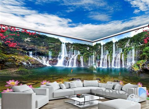 3d Waterfall Lotus Fish Mountain Entire Living Room Wallpaper Wall