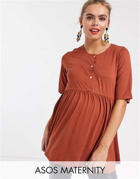 Asos Design Maternity Nursing Button Front Smock Top In Rust Asos