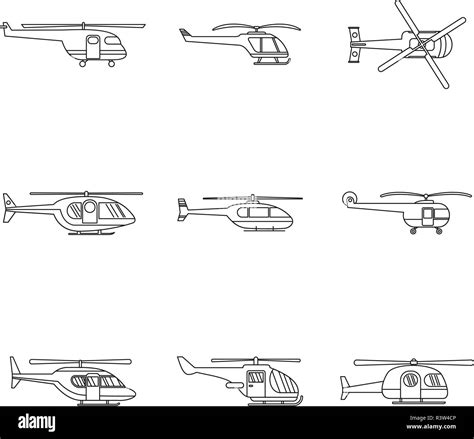 Helicopter Military Aircraft Chopper Icons Set Outline Illustration Of