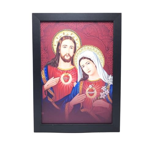 Quadro Sagrado Coração de Jesus e Maria Moldura Preta Simples