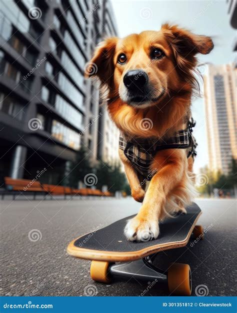 Cool Skater Dog Riding A Skateboard On The Street In The City Stock