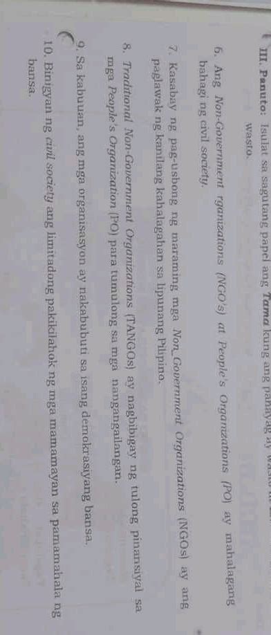 Iii Panuto Isulat Sa Sagutang Papel Ang Tama Studyx