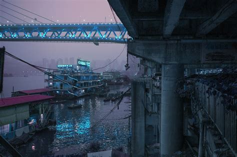 Fondos De Pantalla Obra De Arte Paisaje Urbano Neón Barco Puente