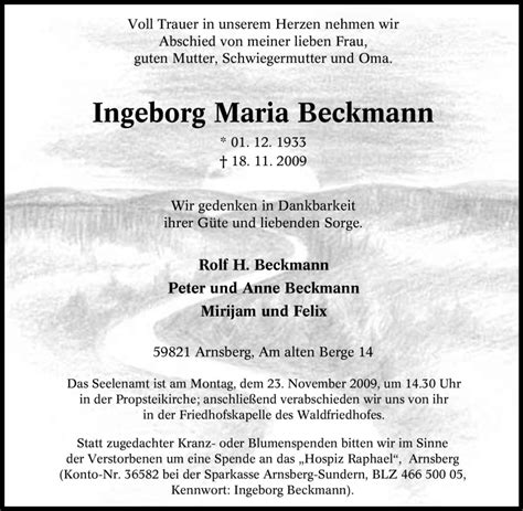 Traueranzeigen Von Ingeborg Maria Beckmann Trauer In Nrw De