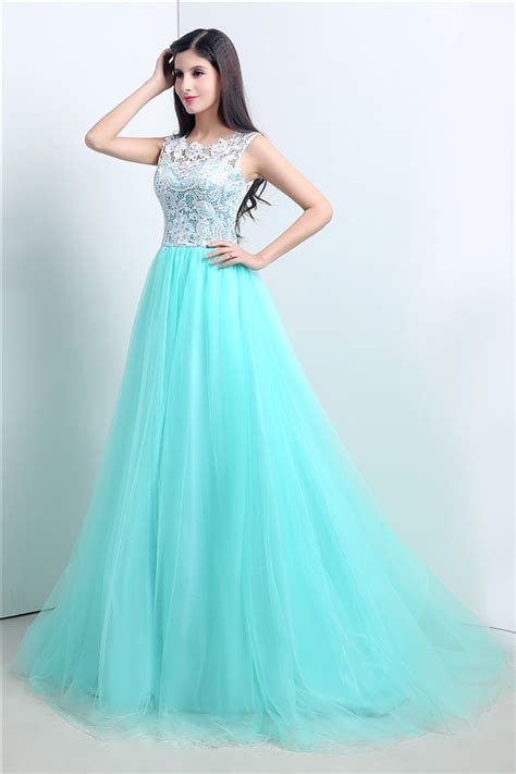 Cute Ball Gown Aqua Tulle White Lace Prom Dress With Buttons