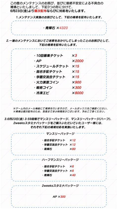 ウロベルト On Twitter ブルアカのメンテ補填内容きたァ！ 青輝石432010連チケ×3 補填だけでガチャ60連回せるし、また