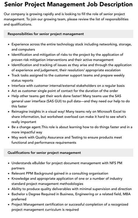 Senior Project Management Job Description Velvet Jobs