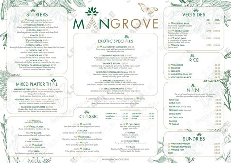 Menu at Mangrove restaurant, Inverness