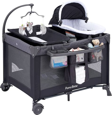 Pamo Babe Portable Crib For Baby 4 In 1 Baby Nursery Center Grey