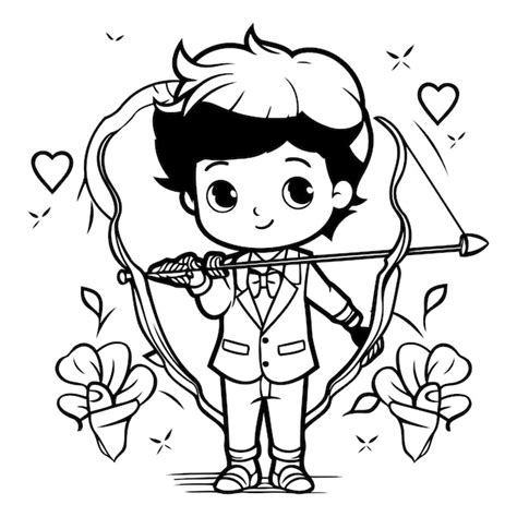 Niño Cupido con arco y flecha Ilustración vectorial en blanco y negro