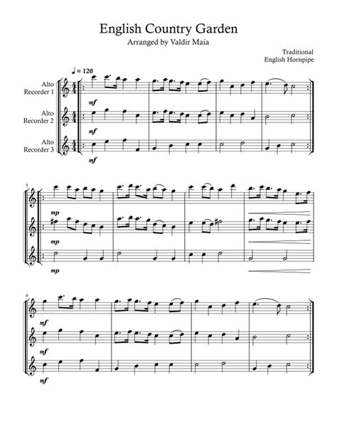 English Country Garden Alto Recorder Trio Or Ensemble Arr Valdir Maia By English Folk Tune